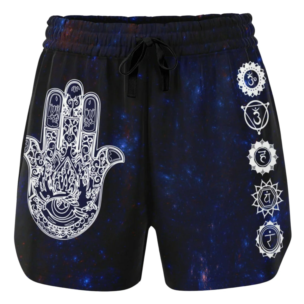 Womens Loose Shorts With Hamsa And Chakra Symbols