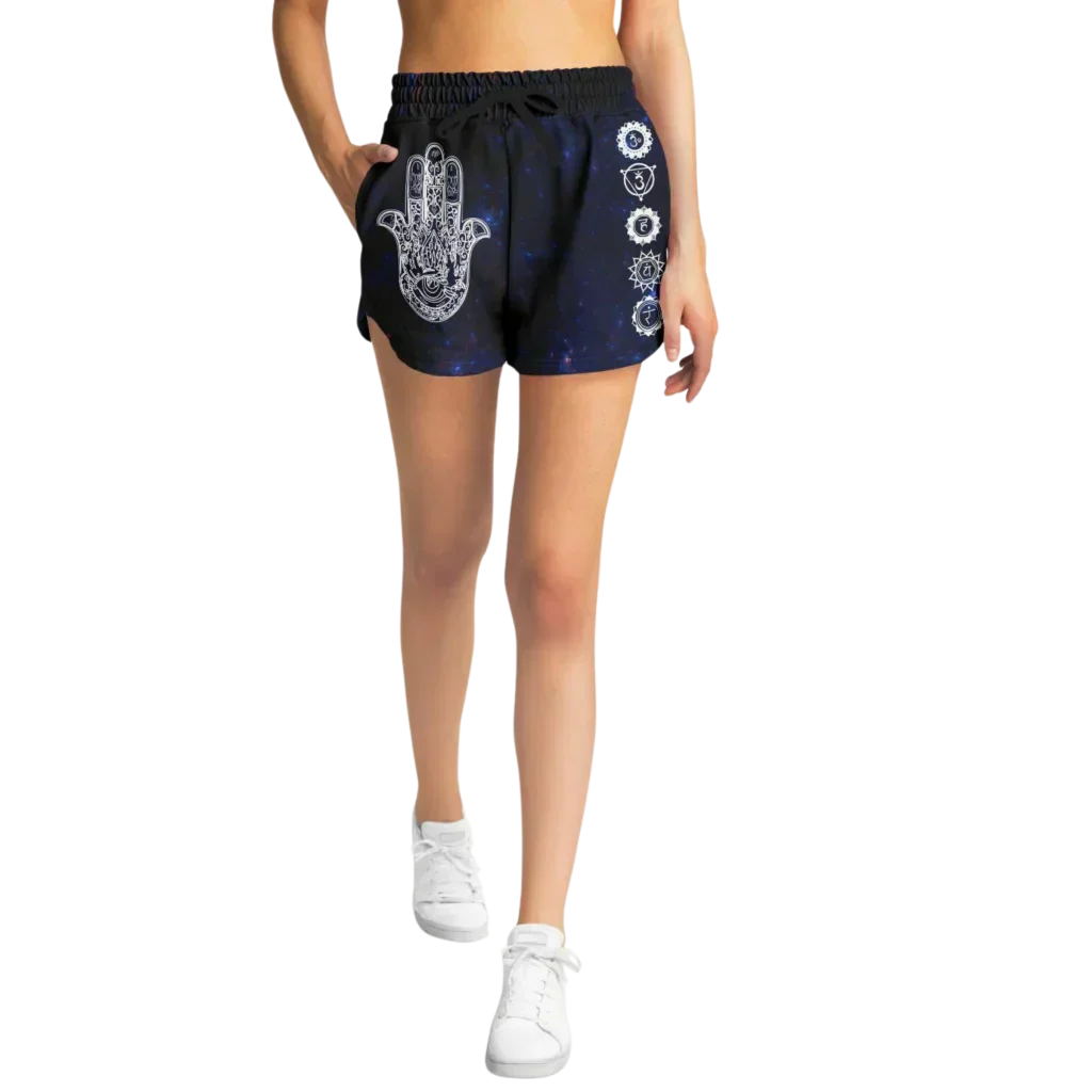 Womens Loose Shorts With Hamsa And Chakra Symbols