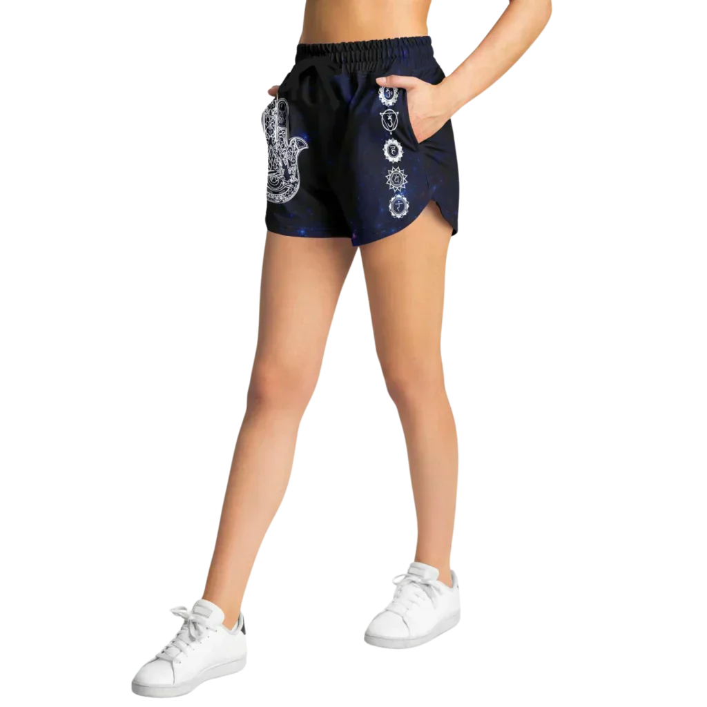 Womens Loose Shorts With Hamsa And Chakra Symbols