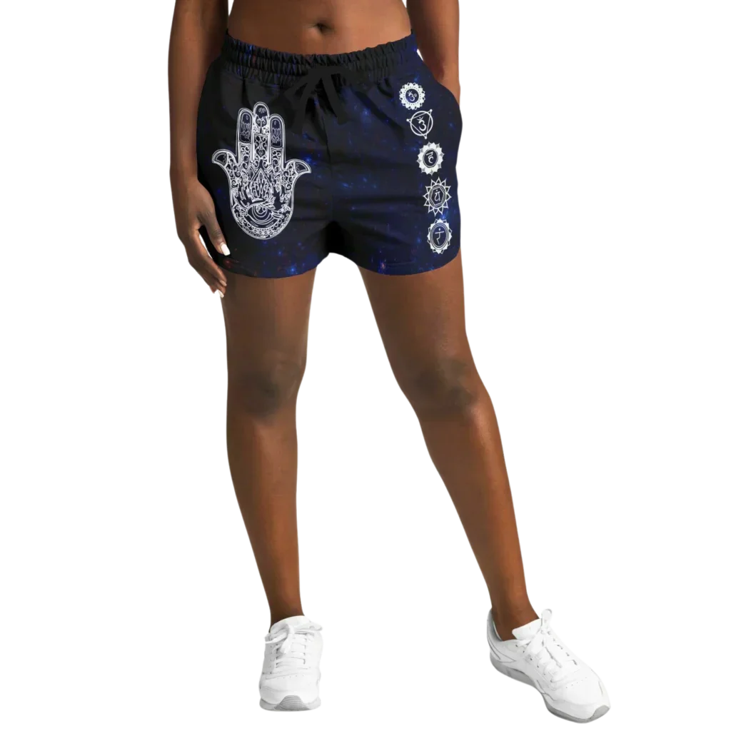 Womens Loose Shorts With Hamsa And Chakra Symbols