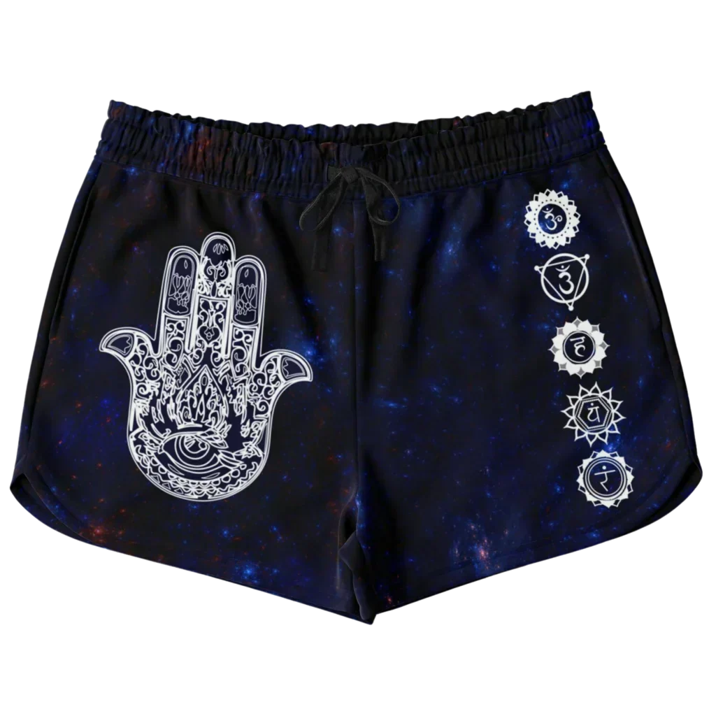 Womens Loose Shorts With Hamsa And Chakra Symbols - XS
