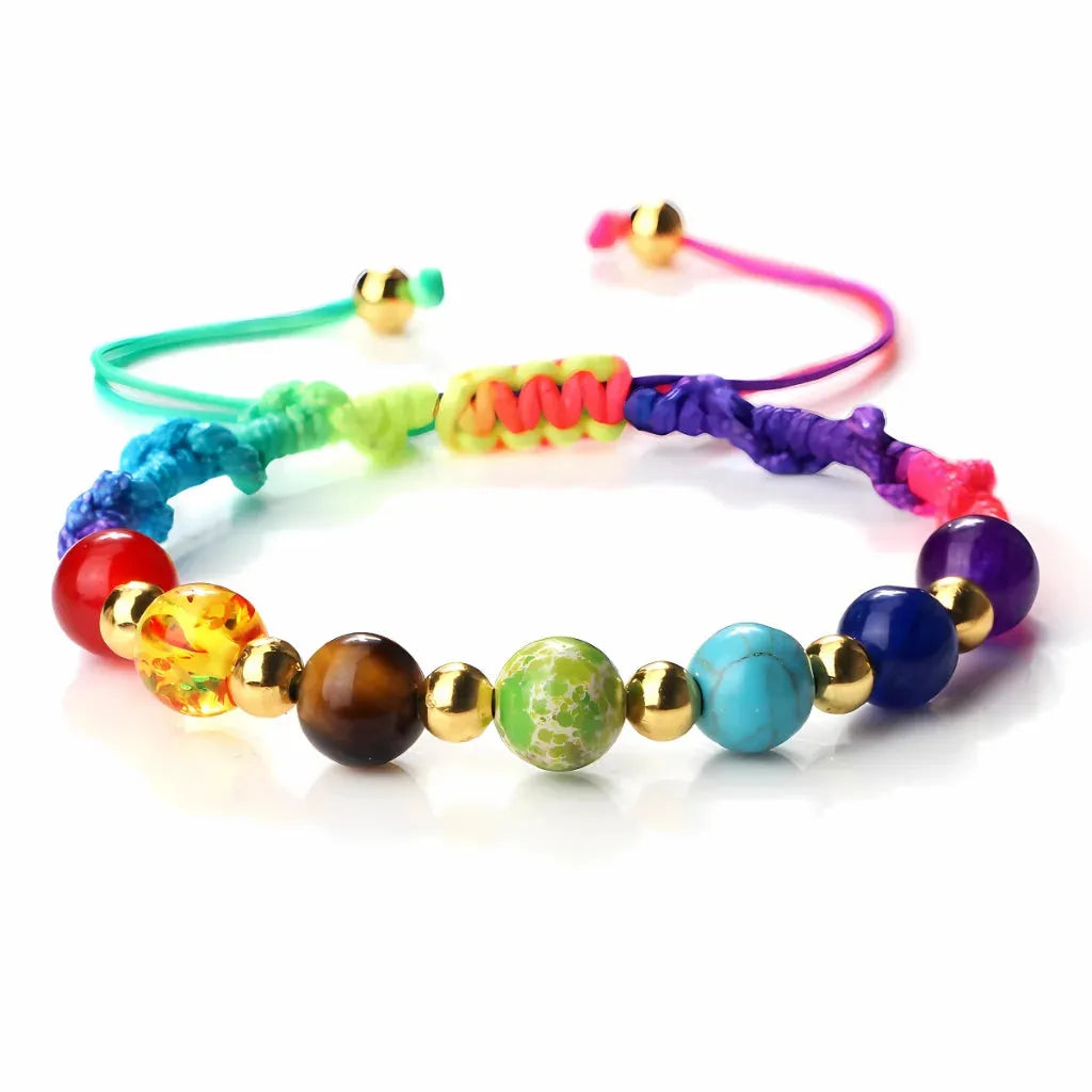 Woven Bracelets With Adjustable Copper Beads - Rainbow Color / Gold