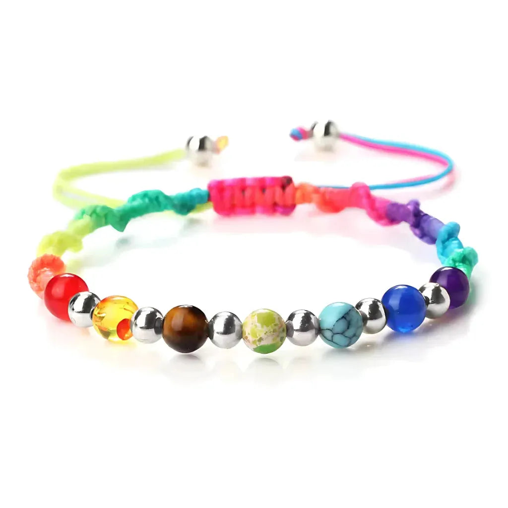 Woven Bracelets With Adjustable Copper Beads - Rainbow Color / Silver