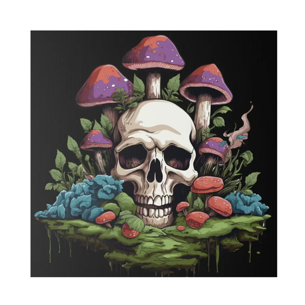 Yoga Art Prints With Skull And Mushroom Design