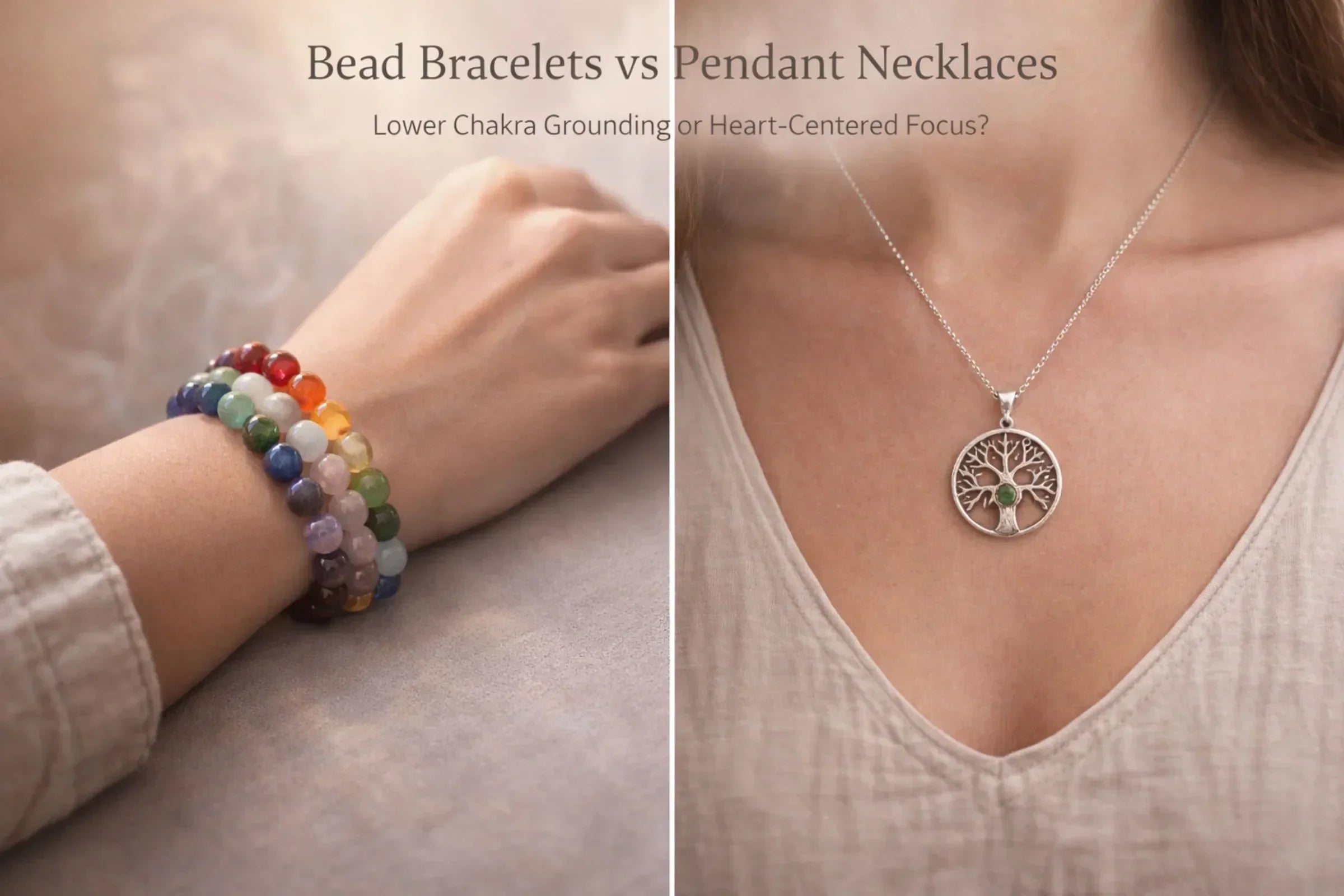 Bead chakra bracelets on wrist compared with sacred pendant necklace resting on heart chakra for spiritual jewelry energy work