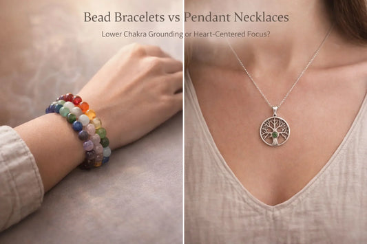 Bead chakra bracelets on wrist compared with sacred pendant necklace resting on heart chakra for spiritual jewelry energy work