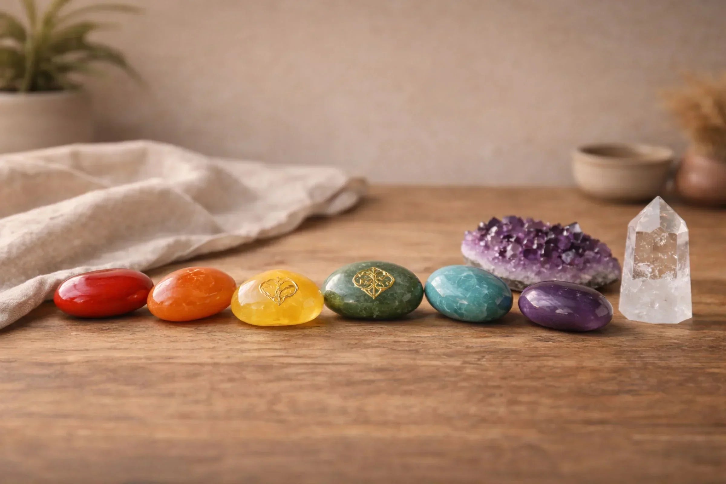 Seven natural chakra stones arranged on a wooden surface including red jasper, citrine, rose quartz, turquoise, amethyst and clear quartz for beginner energy healing practice
