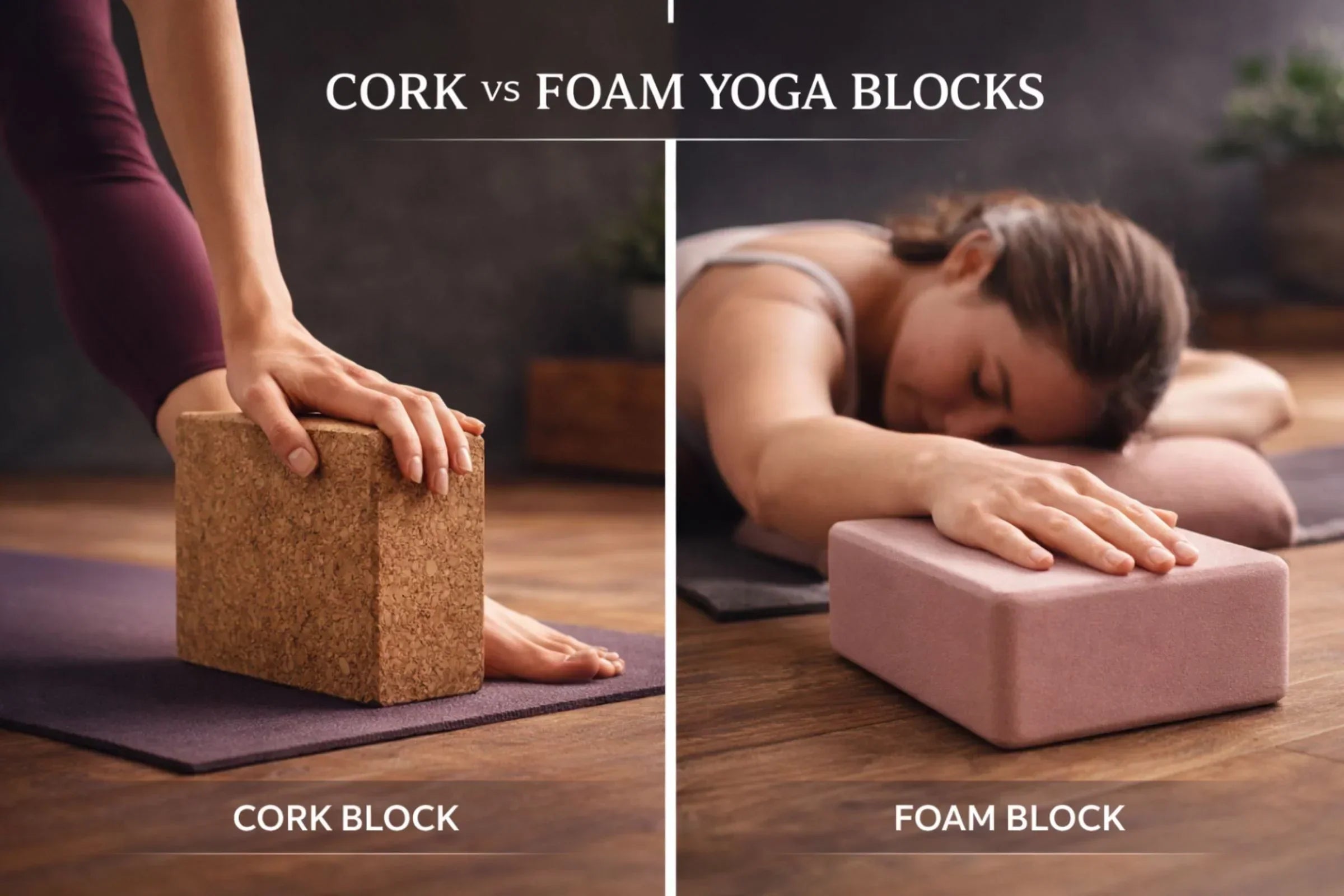 Cork yoga block vs foam yoga block comparison showing firm textured cork block in standing pose and soft cushioned foam block in restorative pose inside modern yoga studio
