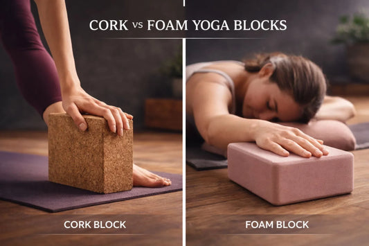 Cork yoga block vs foam yoga block comparison showing firm textured cork block in standing pose and soft cushioned foam block in restorative pose inside modern yoga studio