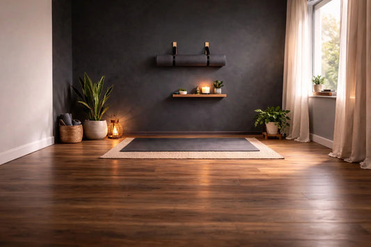 Small 4x6 foot apartment yoga corner with vertical mat storage, plant, and natural window light