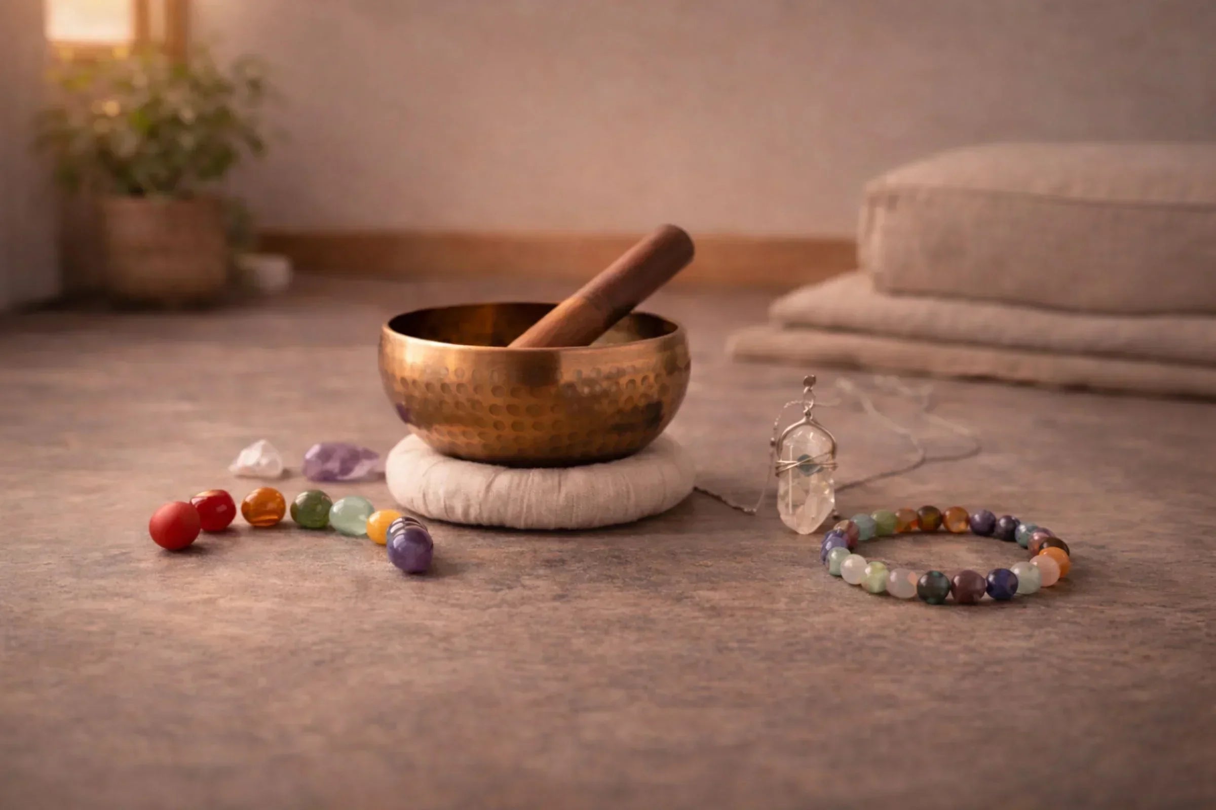 Beginner energy healing setup with hand-hammered copper singing bowl, chakra stones, crystal pendant, and bracelet arranged in a calm meditation space with soft natural light