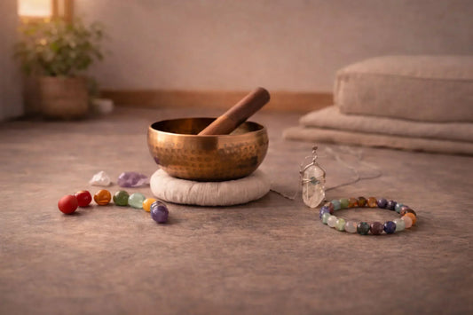 Beginner energy healing setup with hand-hammered copper singing bowl, chakra stones, crystal pendant, and bracelet arranged in a calm meditation space with soft natural light