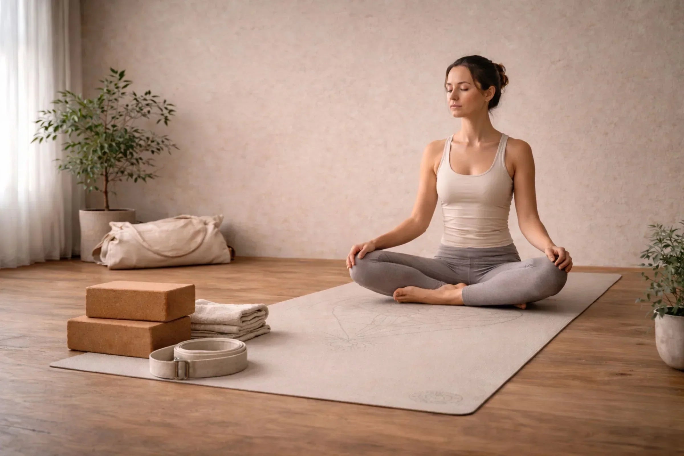 Beginner yoga essentials including natural rubber mat, cork blocks, strap, and neutral activewear arranged in a calm home practice space.