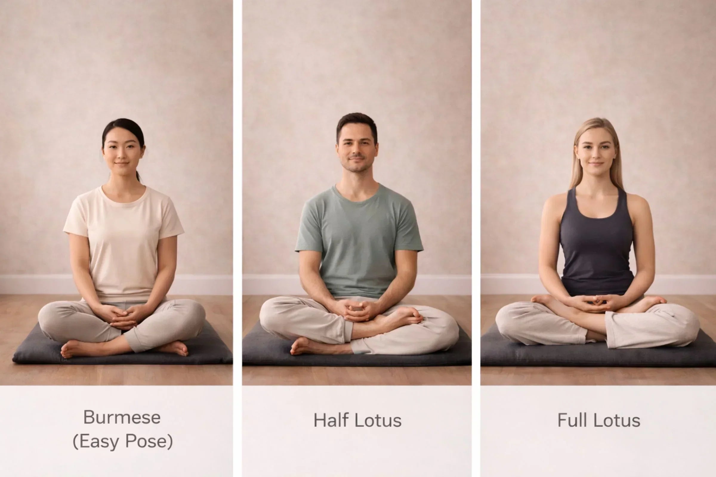 Triptych image showing meditation posture for beginners including Burmese pose, Half Lotus, and Full Lotus with proper alignment and upright spine in a minimalist studio setting