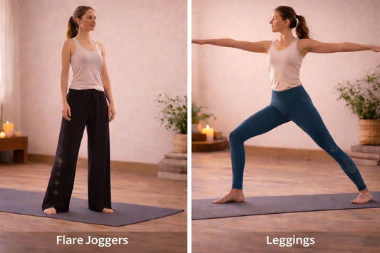 Flare joggers vs leggings comparison showing wide leg yoga pants with bohemian fit beside fitted compression yoga leggings in studio setting
