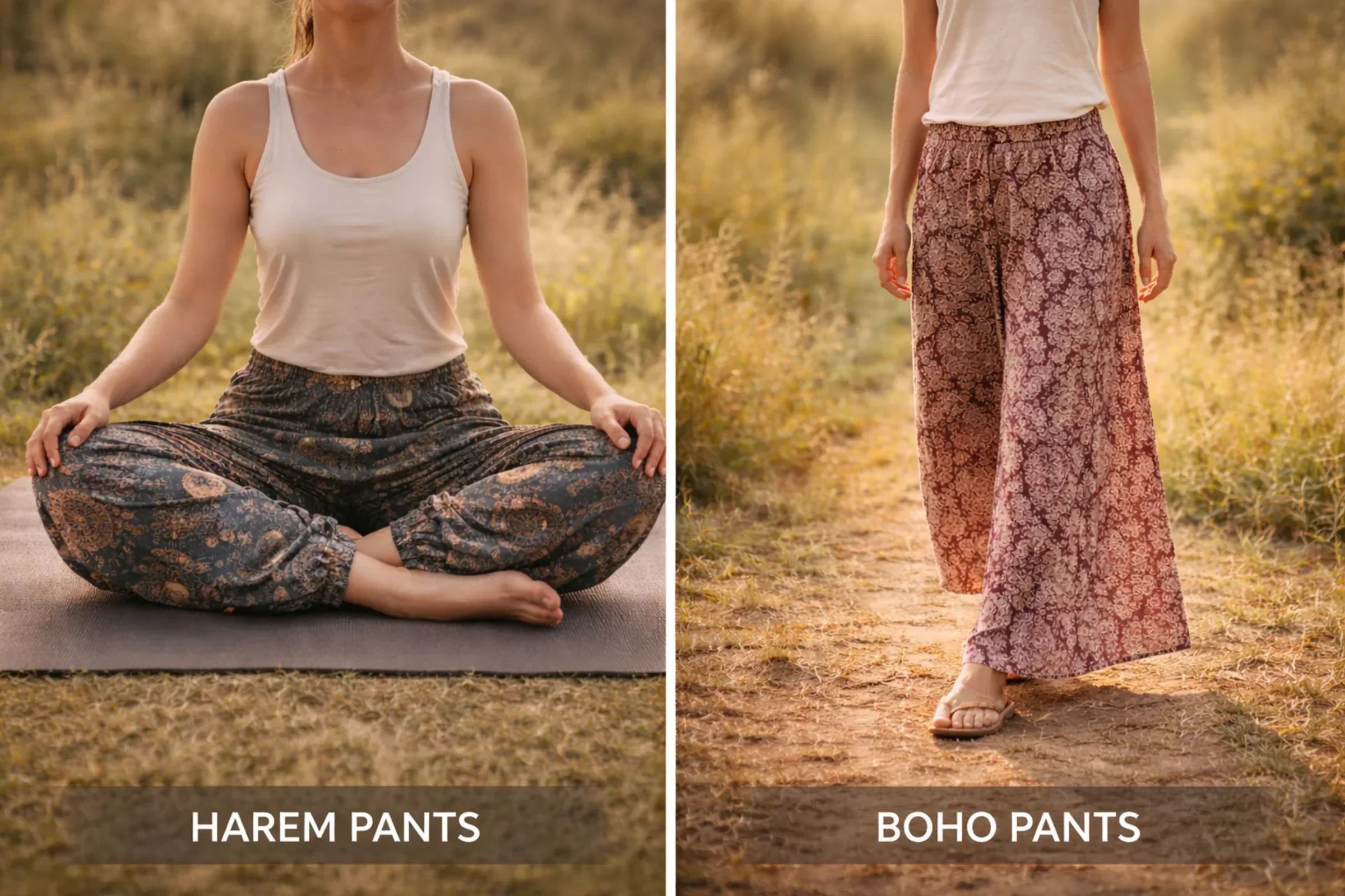 Side-by-side comparison of harem pants with drop crotch and ankle cuffs versus wide-leg boho pants showing straight flowing silhouette