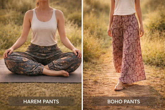 Side-by-side comparison of harem pants with drop crotch and ankle cuffs versus wide-leg boho pants showing straight flowing silhouette