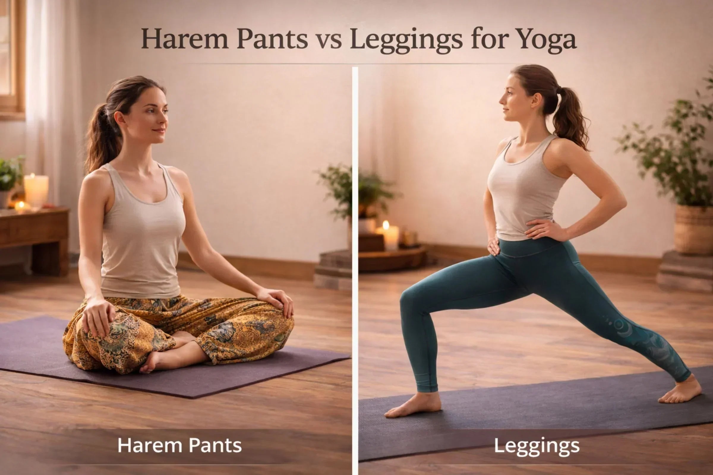 Harem pants vs leggings for yoga comparison showing loose dropped-crotch harem pants in seated pose and fitted compression leggings in warrior pose inside warm yoga studio