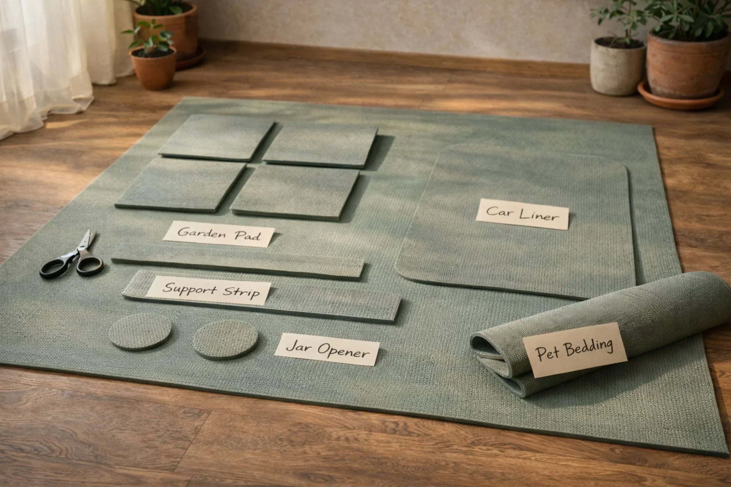 Creative ways to recycle a yoga mat including cut garden pads, support strips, and jar opener grips arranged on a wooden floor in a sustainable home setting