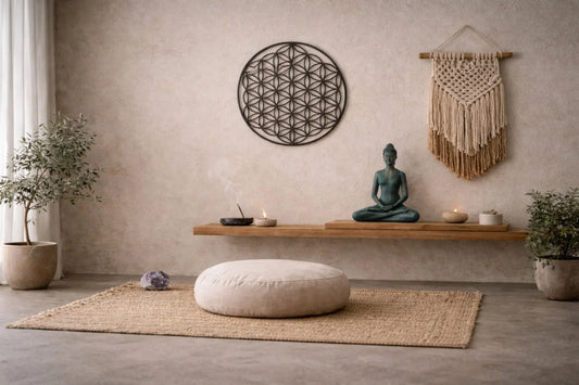 Spiritual room decor meditation corner featuring sacred geometry metal wall art, yoga figurine, earth tone tapestry, and natural materials in a peaceful modern home