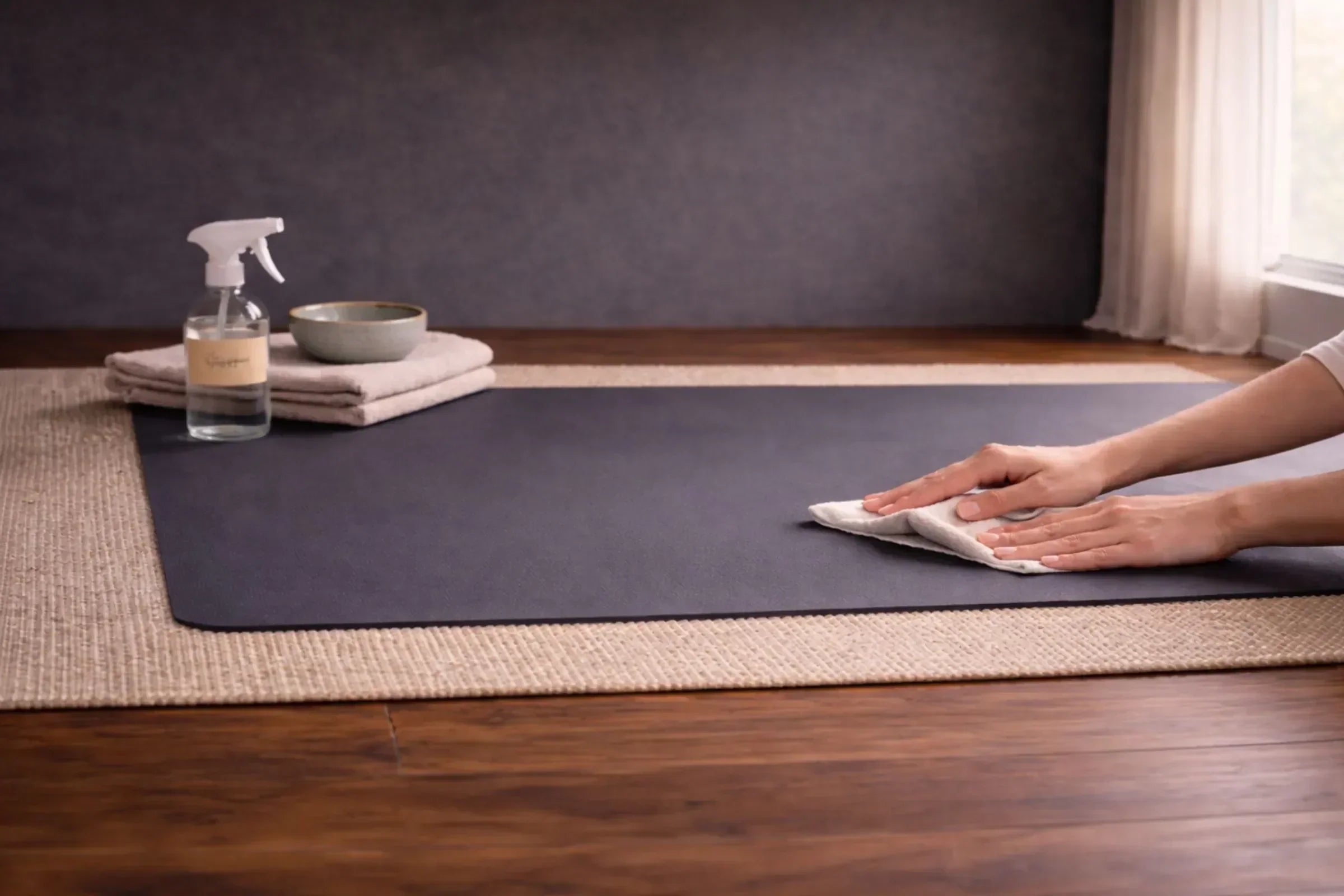 Hands gently wiping a yoga mat with natural cleaning solution in a calm minimalist practice space