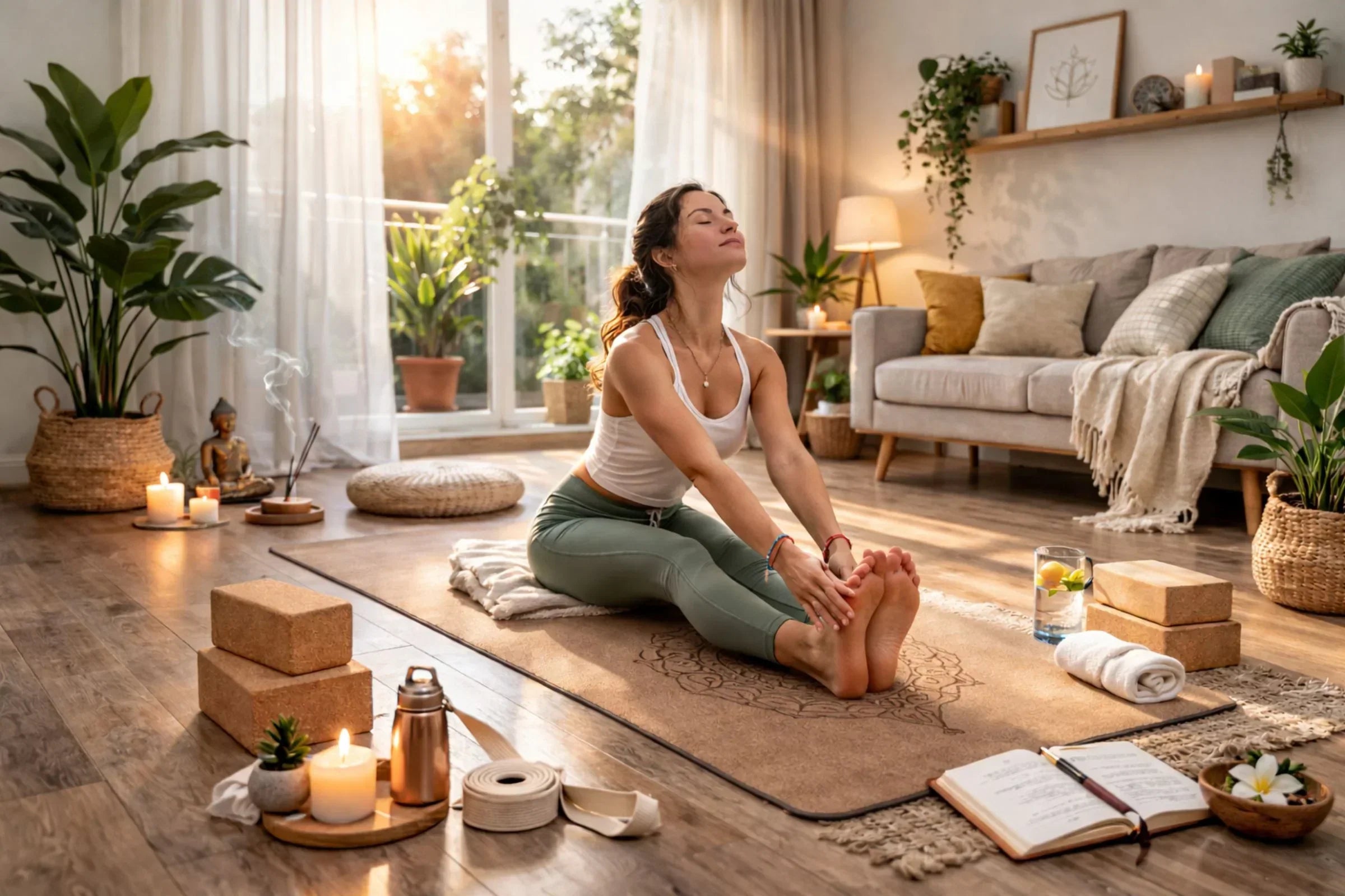 Beginner practicing yoga at home on a natural rubber mat with cork blocks and strap in a calm sunlit living room