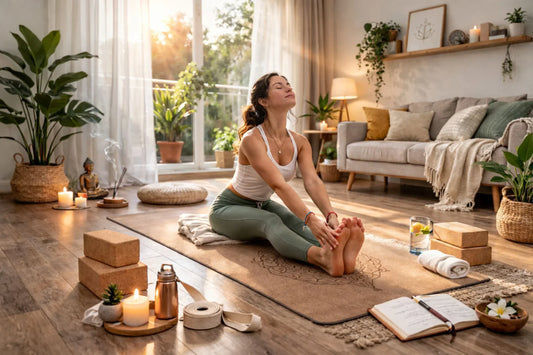 Beginner practicing yoga at home on a natural rubber mat with cork blocks and strap in a calm sunlit living room