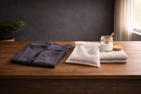 Mindful washing ritual with yoga leggings turned inside out beside mesh laundry bag and plant-based detergent in calm home setting