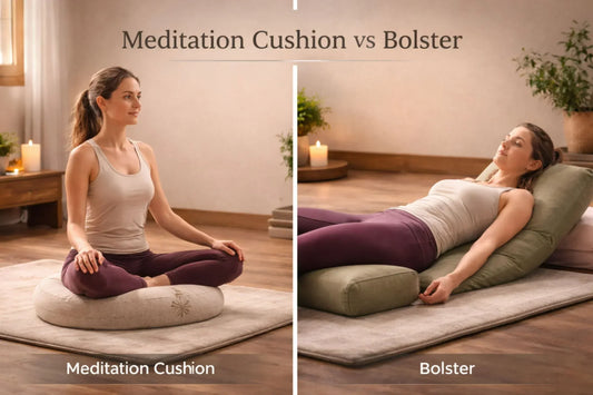Meditation cushion vs bolster comparison showing upright seated posture on round zafu cushion and reclined full-body support on rectangular yoga bolster in a serene meditation space