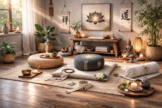 Meditation room essentials setup featuring zafu cushion, zabuton mat, straw pouf and solid wood meditation bench in a calm Zen-inspired space