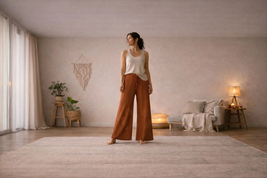Modern bohemian woman wearing earthy terracotta wide-leg pants with sacred geometry print in a warm artisan-inspired interior space