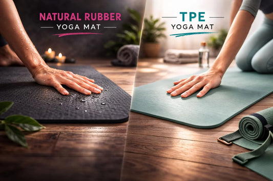 Rubber vs TPE yoga mats side by side in modern studio showing texture, grip difference, and support during yoga poses