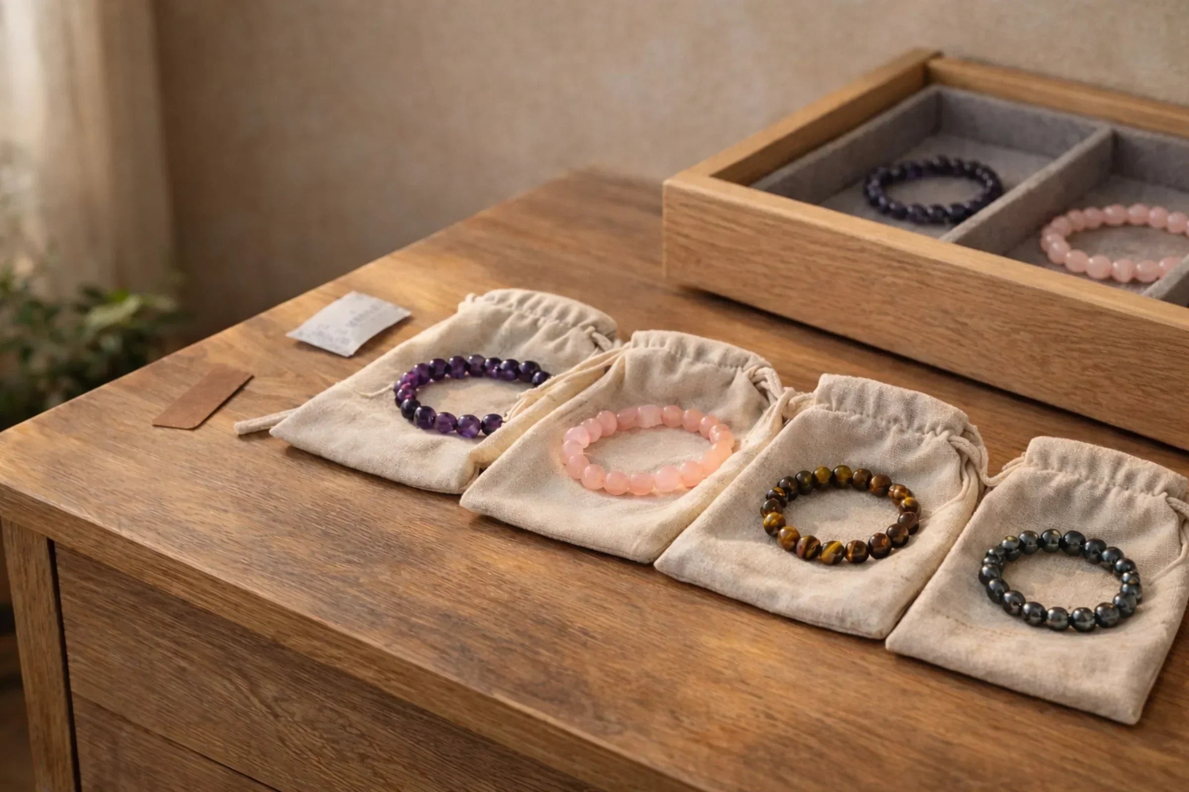 Bead bracelets stored flat inside individual soft fabric pouches in a wooden drawer to prevent elastic stretching and gemstone scratching