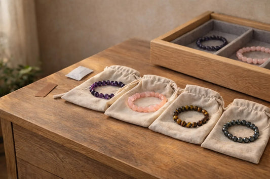 Bead bracelets stored flat inside individual soft fabric pouches in a wooden drawer to prevent elastic stretching and gemstone scratching