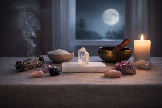 Crystal cleansing ritual setup with sage smoke, singing bowl, dry salt, and gemstones under moonlight on a wooden altar