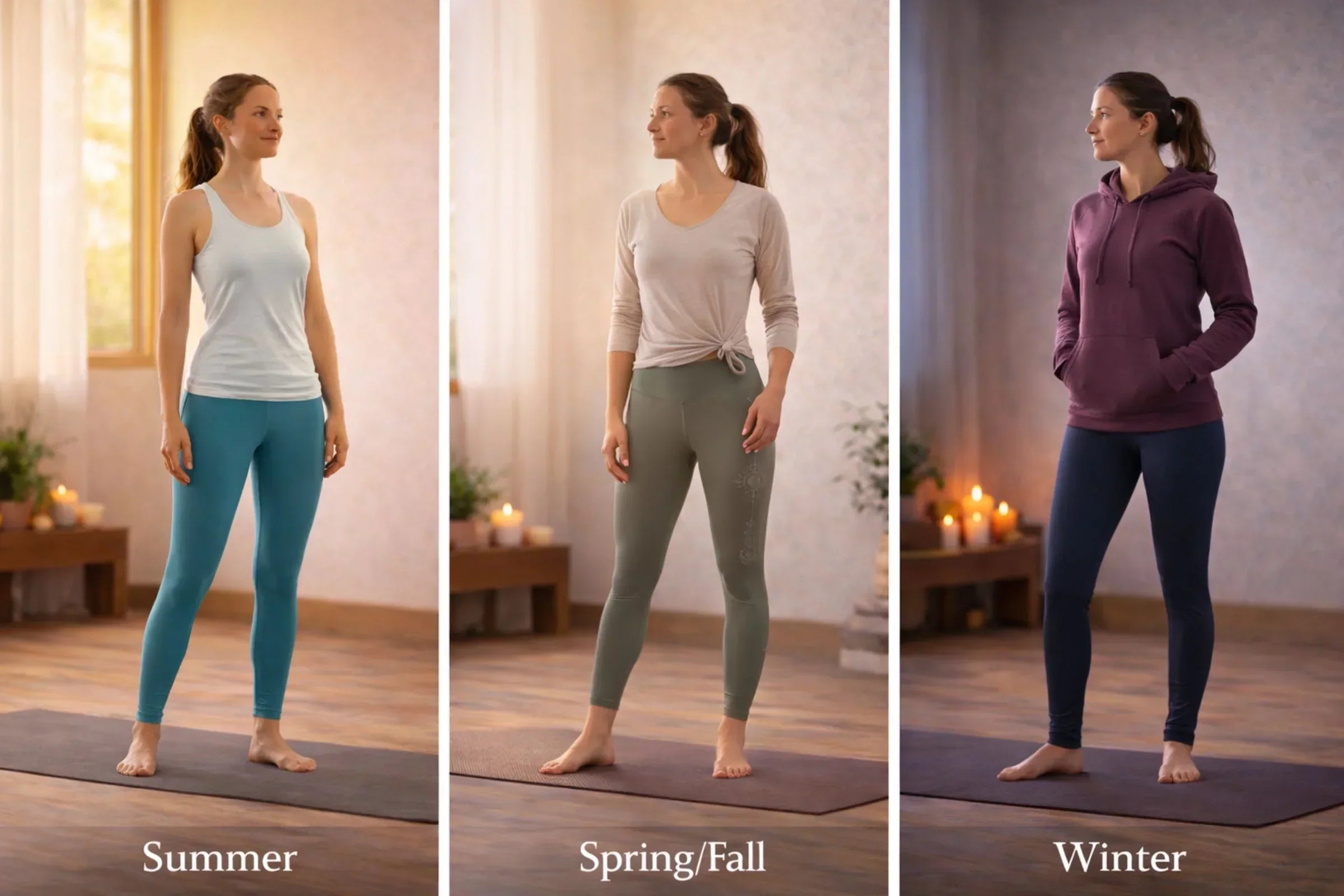 Seasonal yoga outfits for summer, spring, fall and winter showing lightweight breathable activewear transitioning into layered insulated winter yoga clothing inside a modern studio
