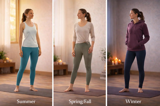 Seasonal yoga outfits for summer, spring, fall and winter showing lightweight breathable activewear transitioning into layered insulated winter yoga clothing inside a modern studio