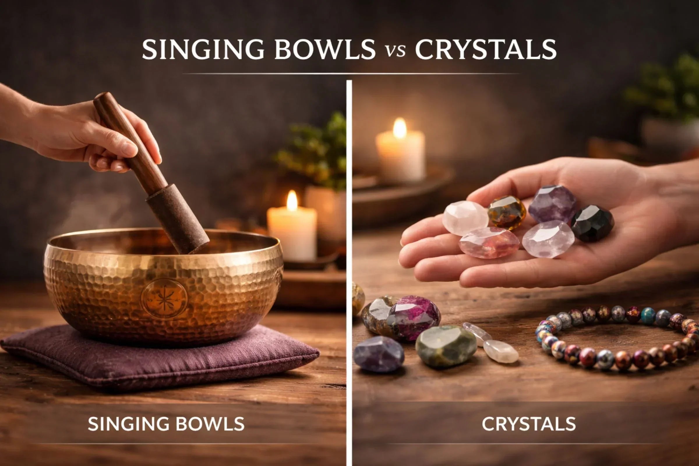 Singing bowls vs crystals comparison showing hand-hammered copper sound bowl and natural chakra stones inside a sacred meditation space