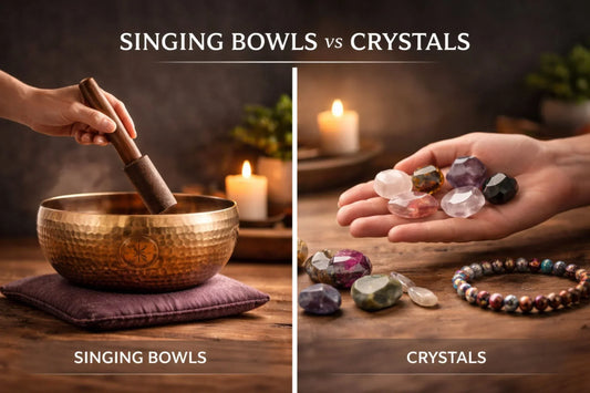 Singing bowls vs crystals comparison showing hand-hammered copper sound bowl and natural chakra stones inside a sacred meditation space