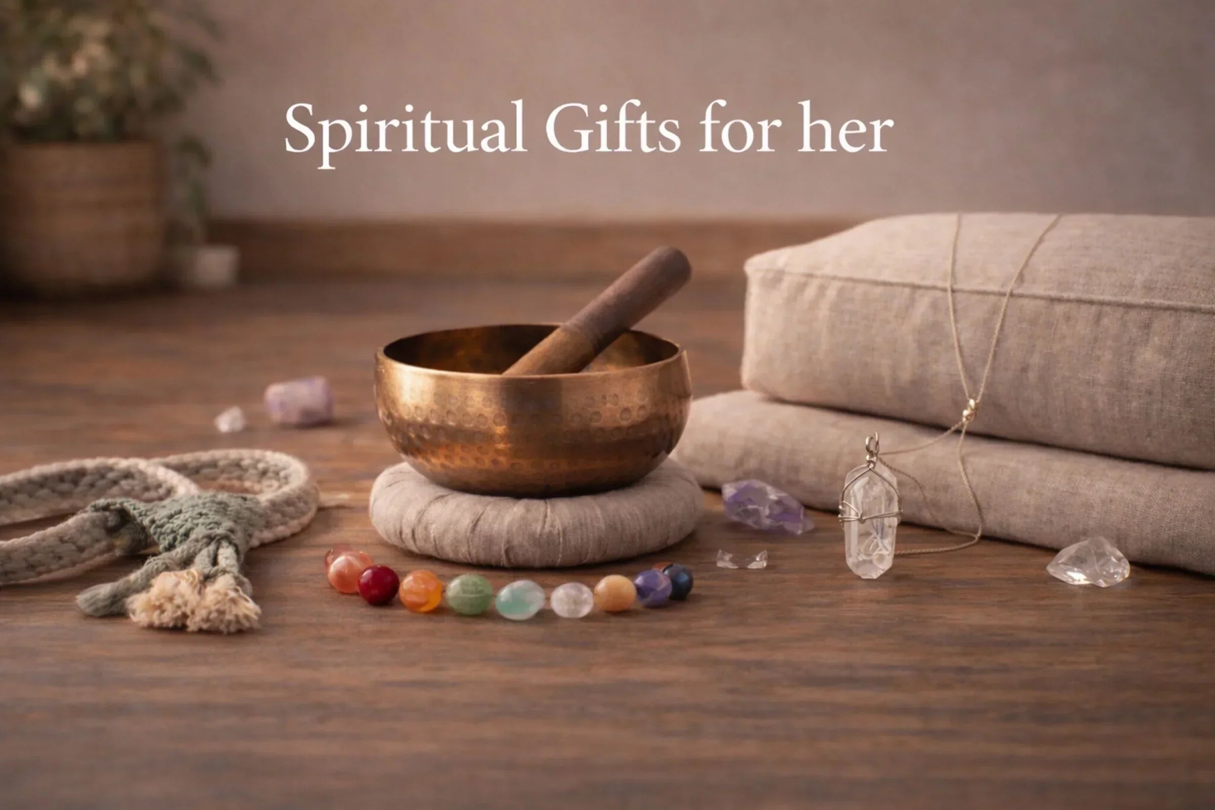 Meaningful spiritual gifts for her including hand-hammered copper singing bowl, natural stone chakra bracelet, sacred geometry pendant, and meditation cushion arranged in a serene bohemian space