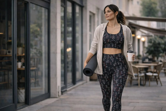 Woman wearing dark-toned studio to street outfit with subtle sacred geometry details walking from yoga studio to city café in refined athleisure look