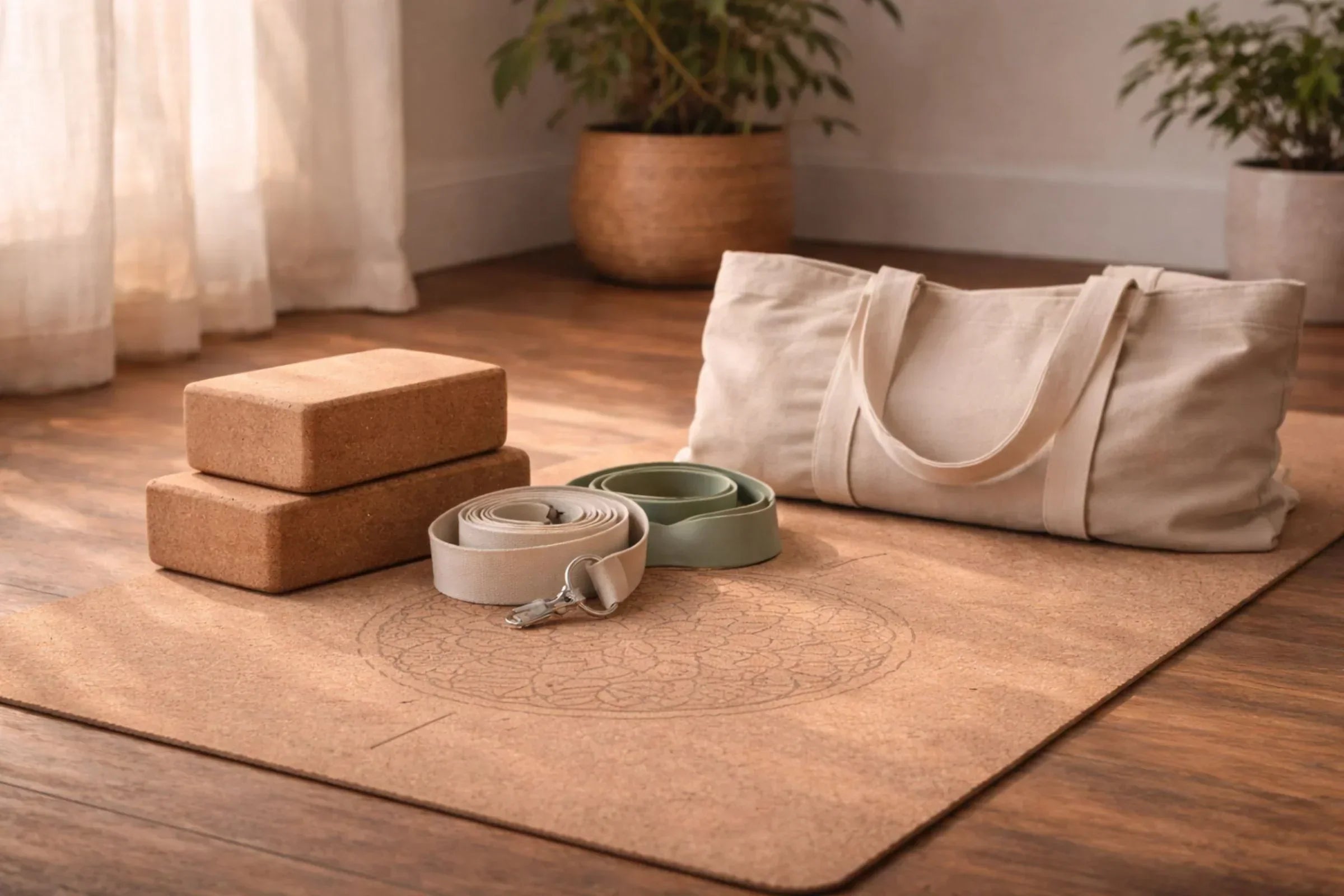 Sustainable yoga gear made from natural cork mat, cork blocks, organic cotton strap, canvas bag and natural latex band arranged in warm sunlight for eco-friendly practice