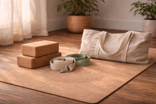 Sustainable yoga gear made from natural cork mat, cork blocks, organic cotton strap, canvas bag and natural latex band arranged in warm sunlight for eco-friendly practice