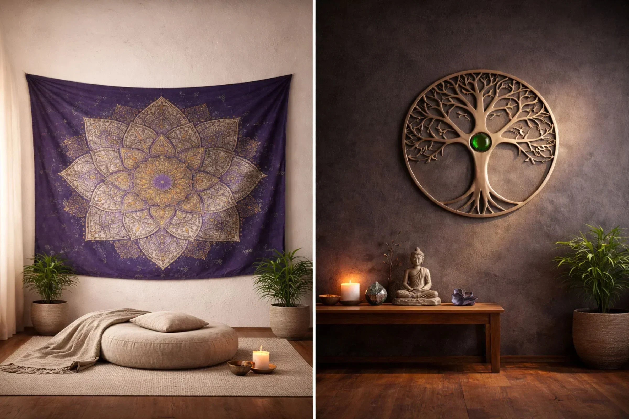 Spiritual mandala tapestry compared with sacred geometry metal wall art in modern meditation room interior