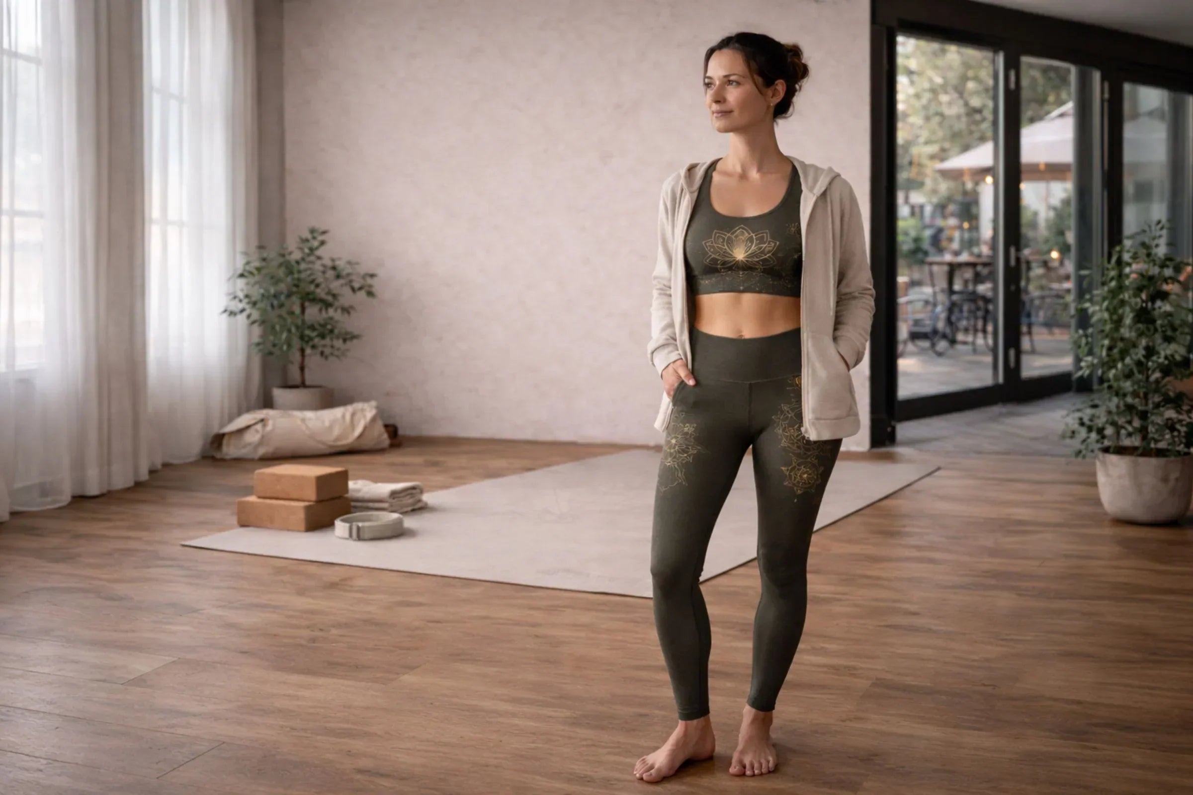 Yoga aesthetic outfit featuring sacred geometry leggings and supportive sports bra in modern studio setting