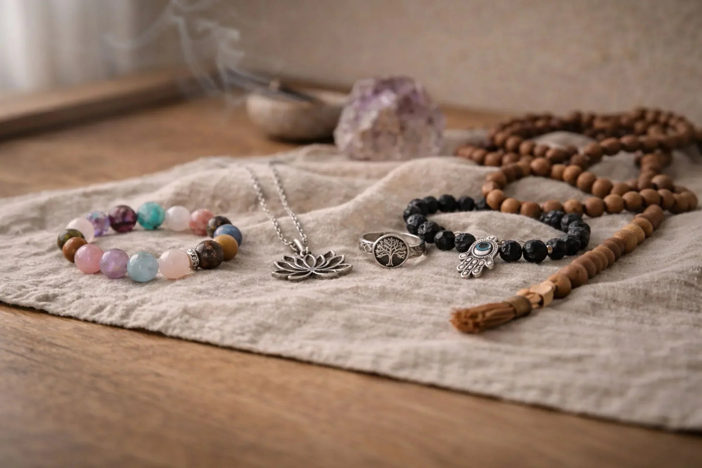 Spiritual jewelry meaning concept featuring natural gemstone bracelets, lotus pendant, tree of life ring, wooden mala beads, and sacred symbols arranged on a warm wooden surface