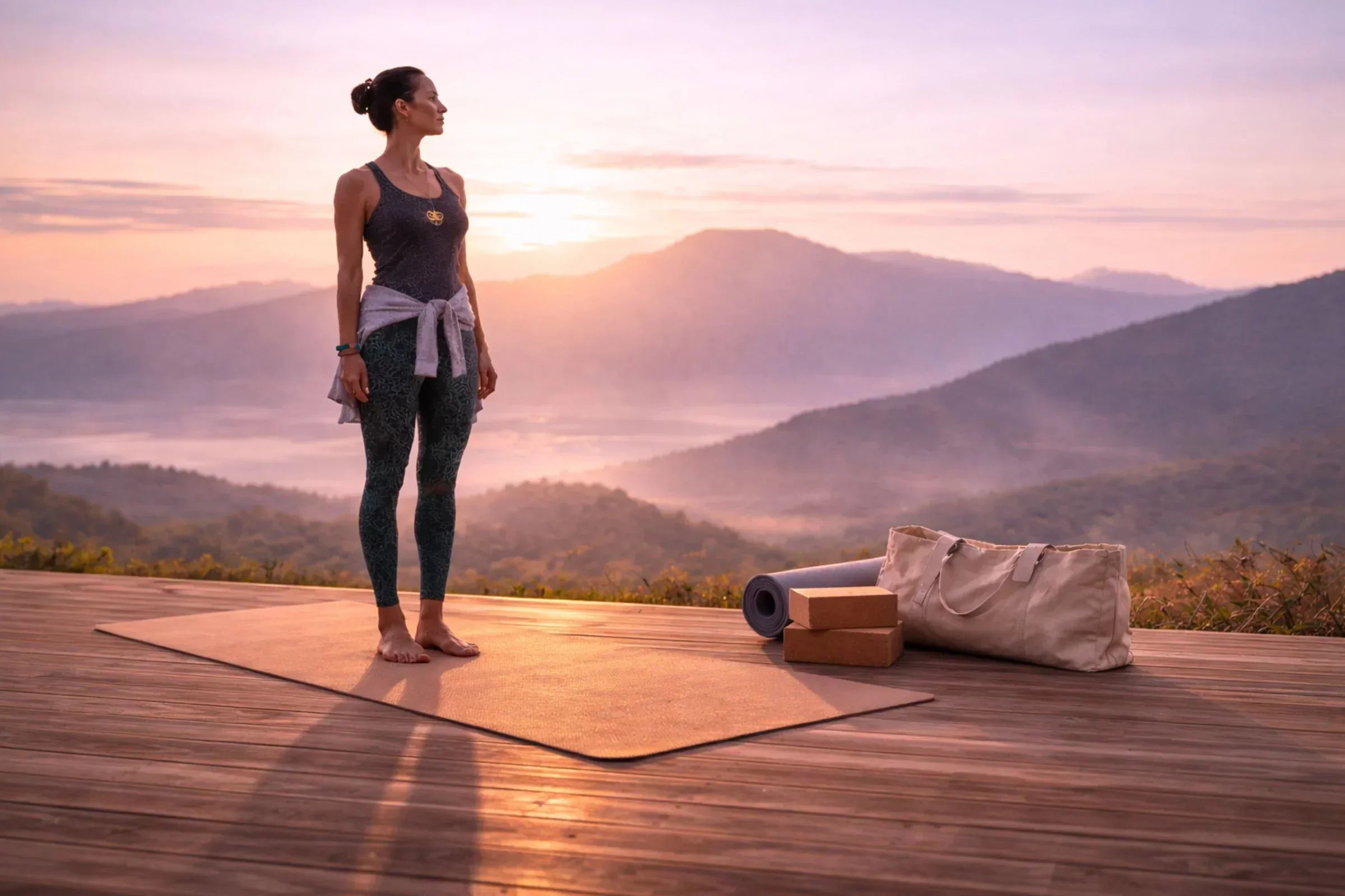 Woman wearing sacred geometry yoga retreat outfit practicing at sunrise with four-way stretch leggings and breathable top in natural outdoor retreat setting