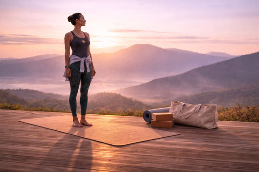 Woman wearing sacred geometry yoga retreat outfit practicing at sunrise with four-way stretch leggings and breathable top in natural outdoor retreat setting