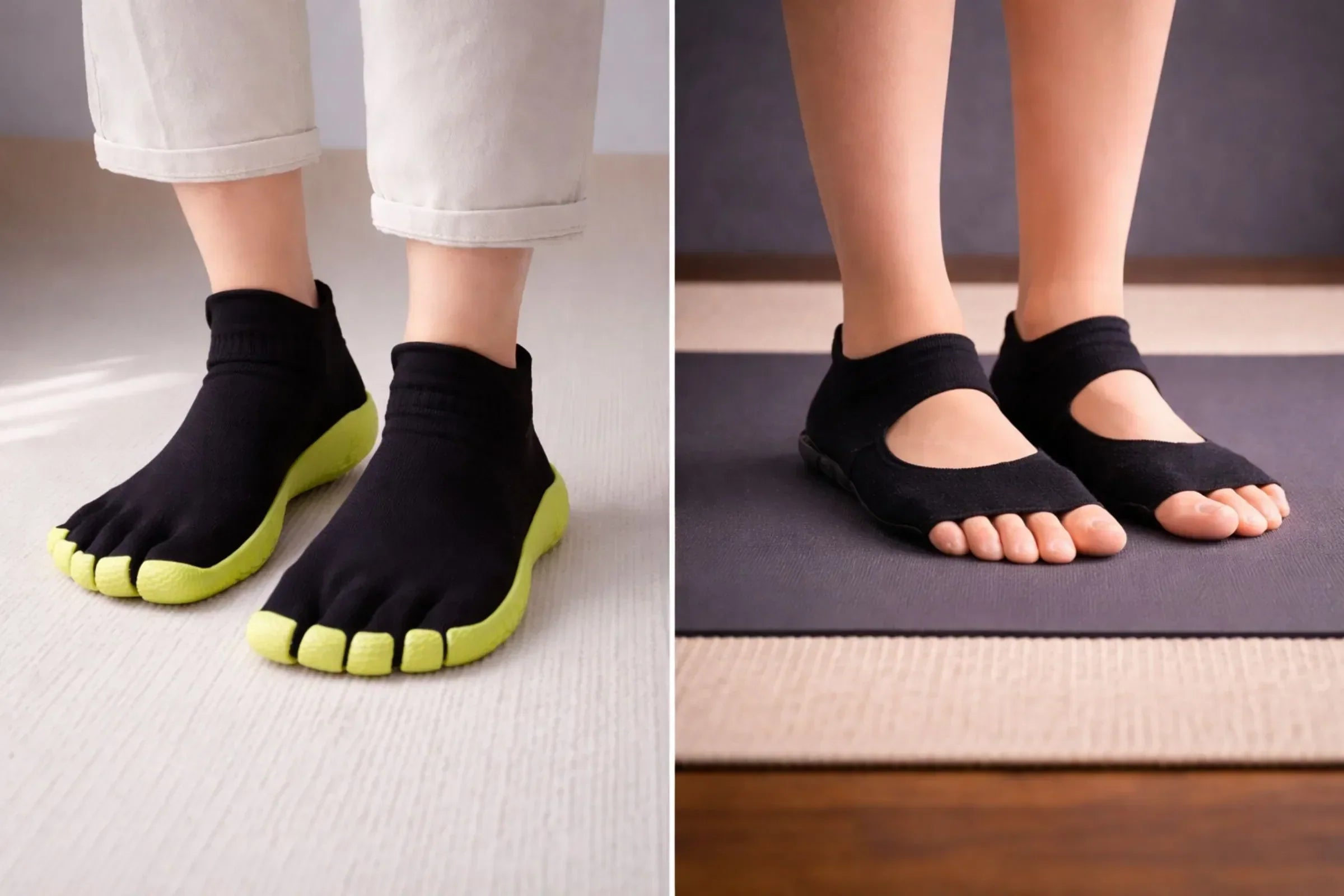 Side-by-side comparison of yoga shoes on outdoor grass and grip yoga socks on studio mat showing difference in protection and barefoot feel