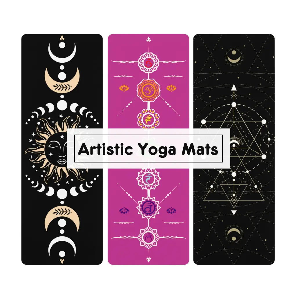 24x68 artistic yoga mat. 3mm microfiber suede top, natural rubber base. Edge-to-edge spiritual designs for practice